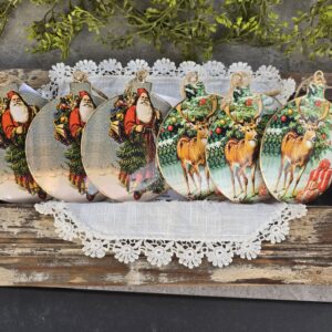 Village Santa and Reindeer Metal Ornaments- Set of 6- 4.75 inch