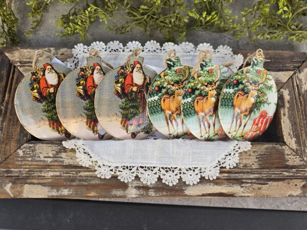 Village Santa and Reindeer Metal Ornaments- Set of 6- 4.75 inch