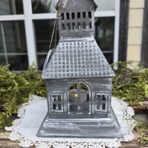 Tealight Holder Metal Village House- Antique Grey 9.5x5.5x5.5