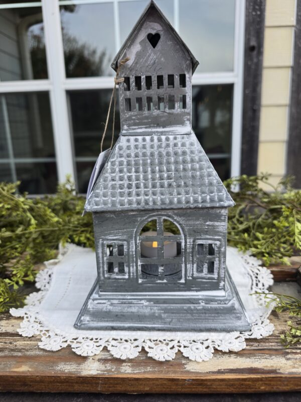 Tealight Holder Metal Village House- Antique Grey 9.5x5.5x5.5